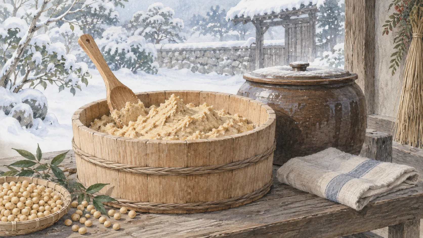 味噌の仕込み桶と木べら、蓋をした甕の向こうに雪の庭