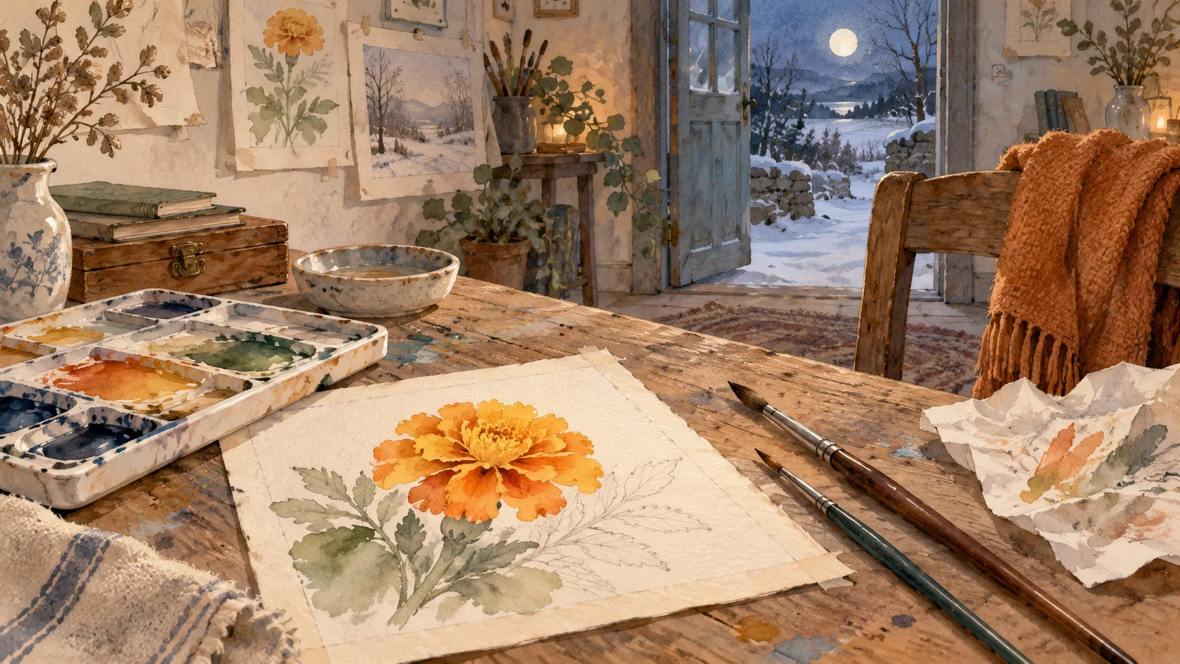 雪景色と満月を背に、花の水彩画と絵の具を広げた作業机
