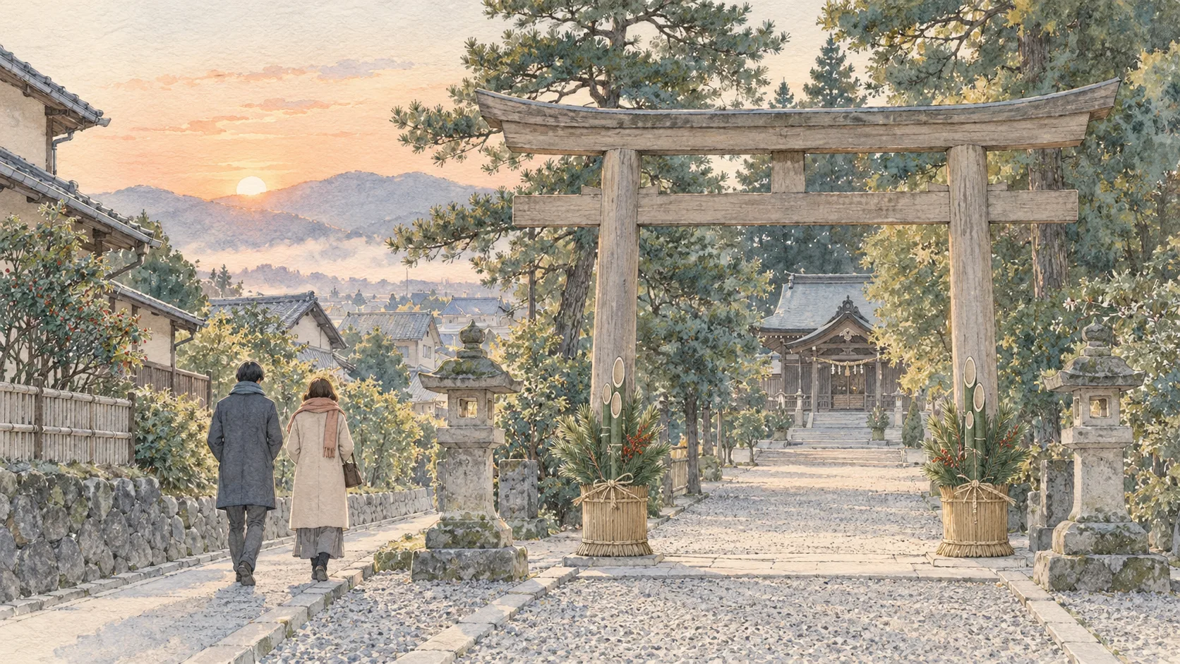 日の出の近所の神社で、門松のある木の鳥居へ歩く二人の参拝者