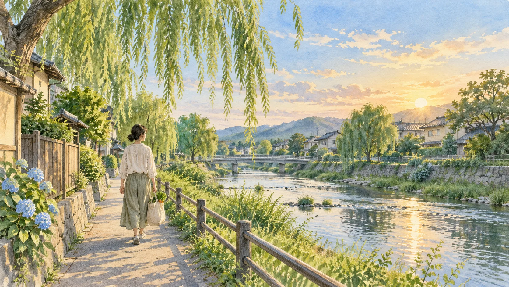 まだ明るい初夏の夕方、買い物袋を持って川沿いの道を歩く人