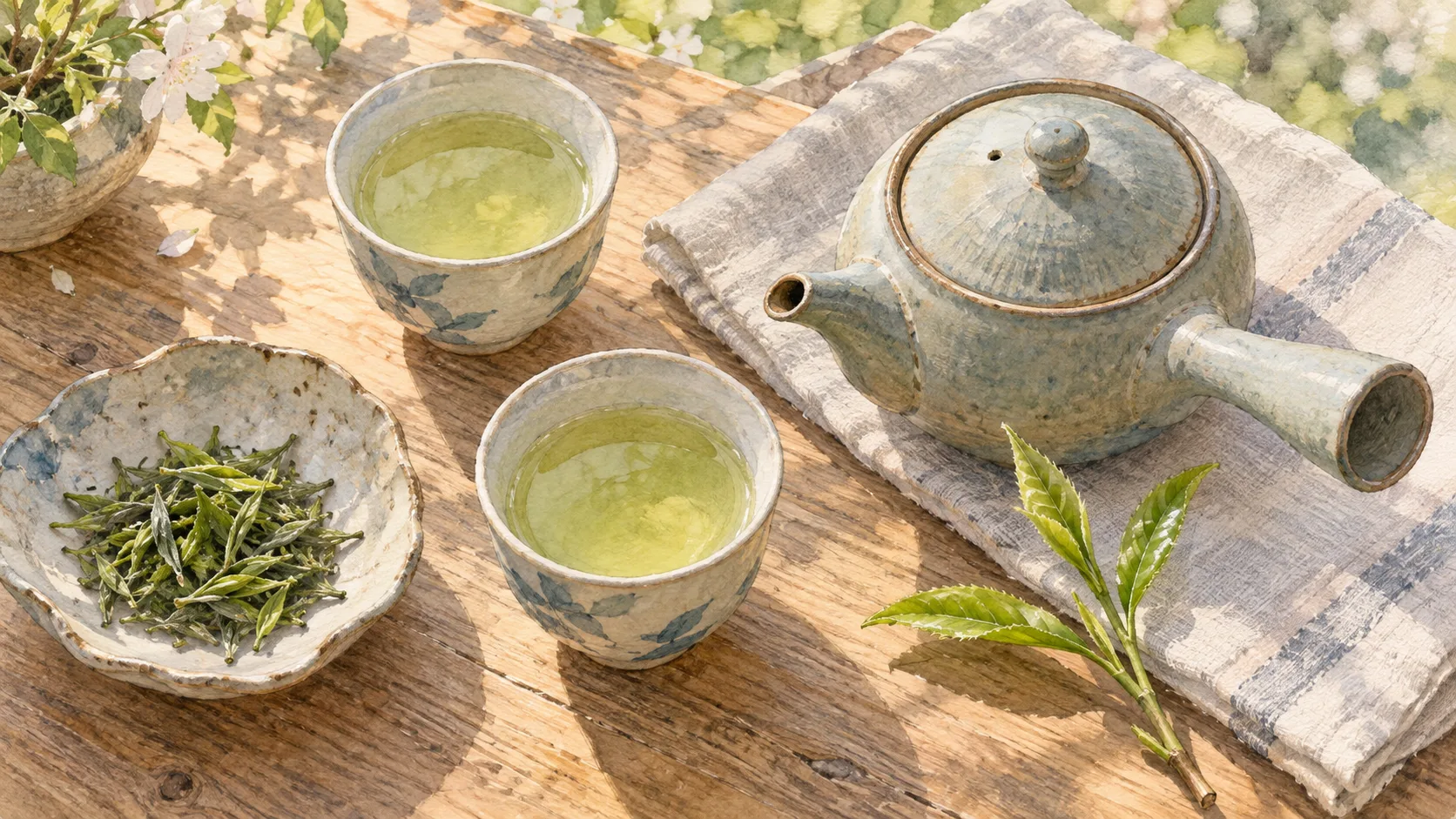 横手の急須と二つの湯呑み、若い茶葉を並べた新茶の卓