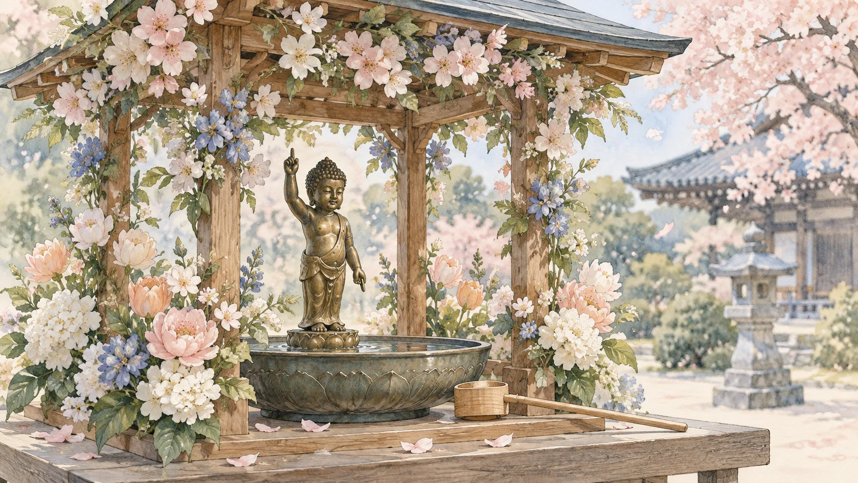 春の花で飾った花御堂の中に立つ誕生仏と、甘茶をそそぐ柄杓