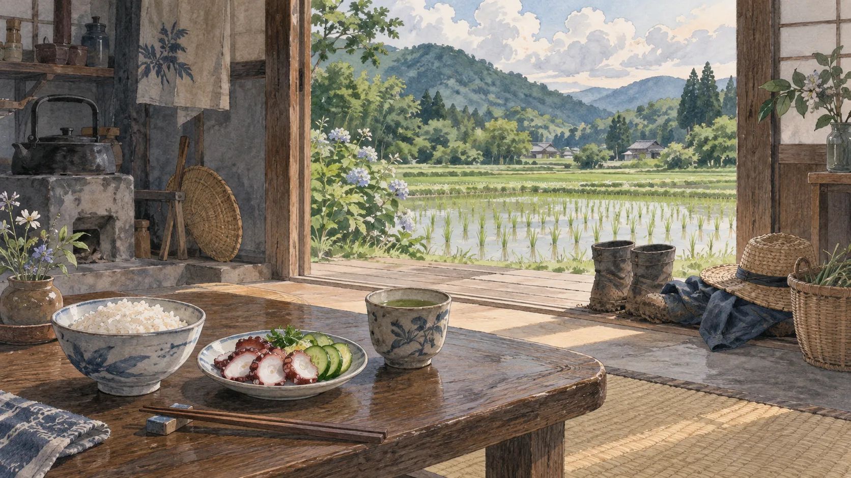 田植え後の水田を望む家で、タコときゅうり、ご飯、お茶を並べた食卓
