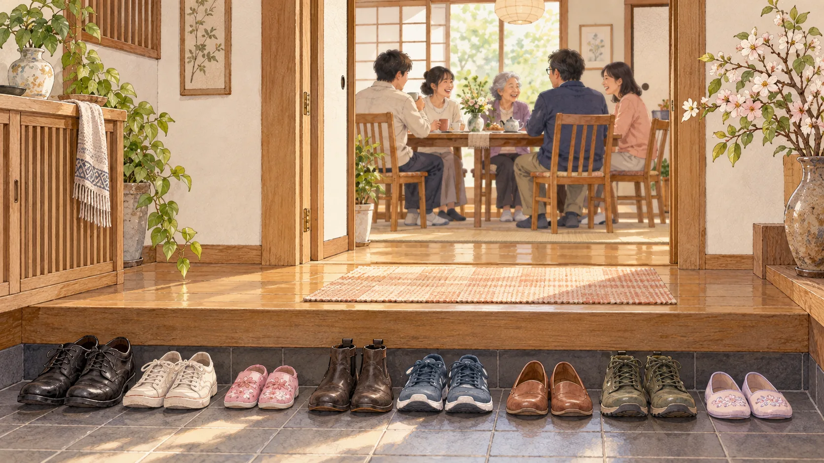 大小さまざまな靴が並ぶ入口と、その奥で語り合う人々