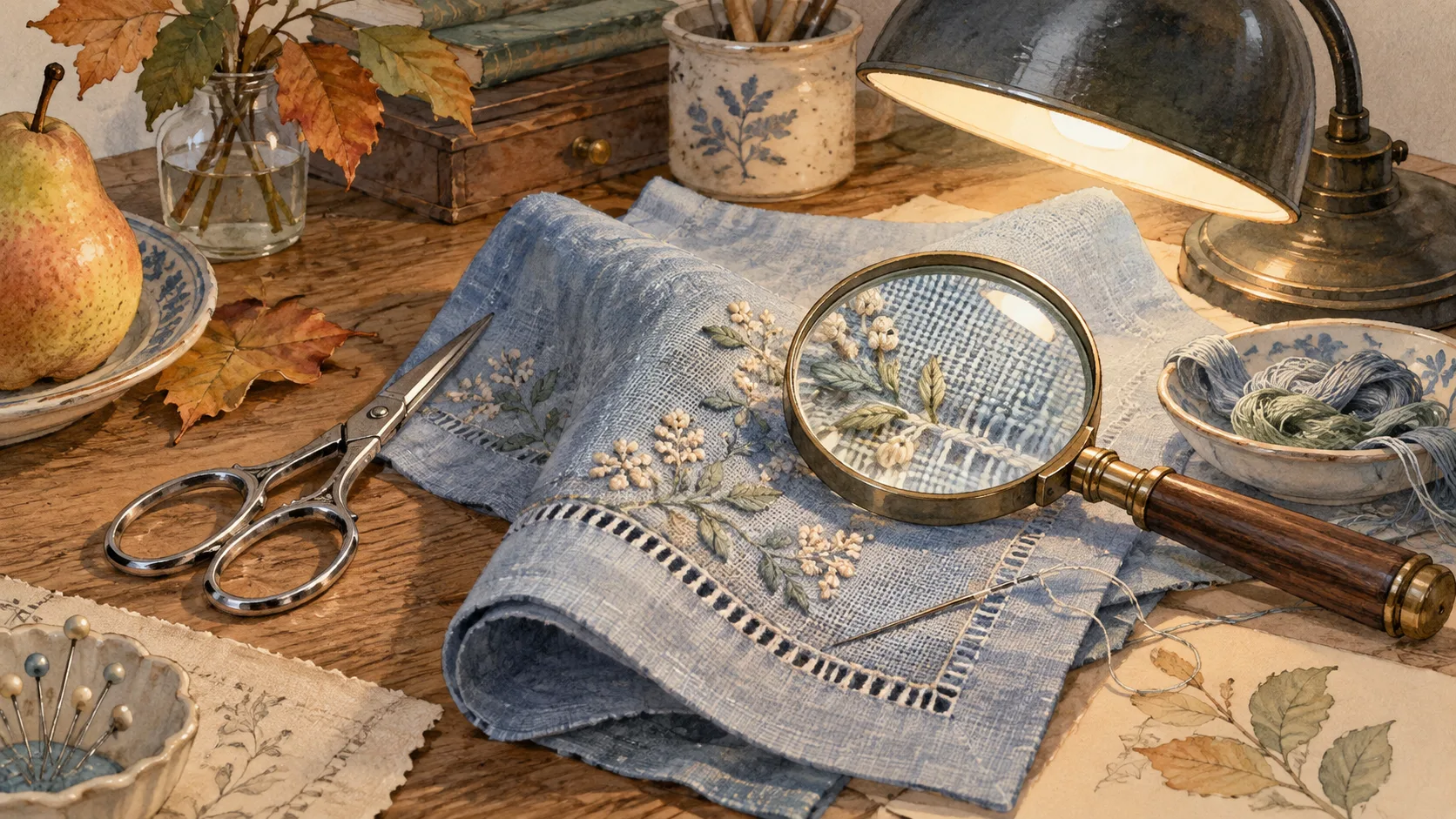 手元灯の下に広げた刺繍布と鋏、細部を映す虫眼鏡