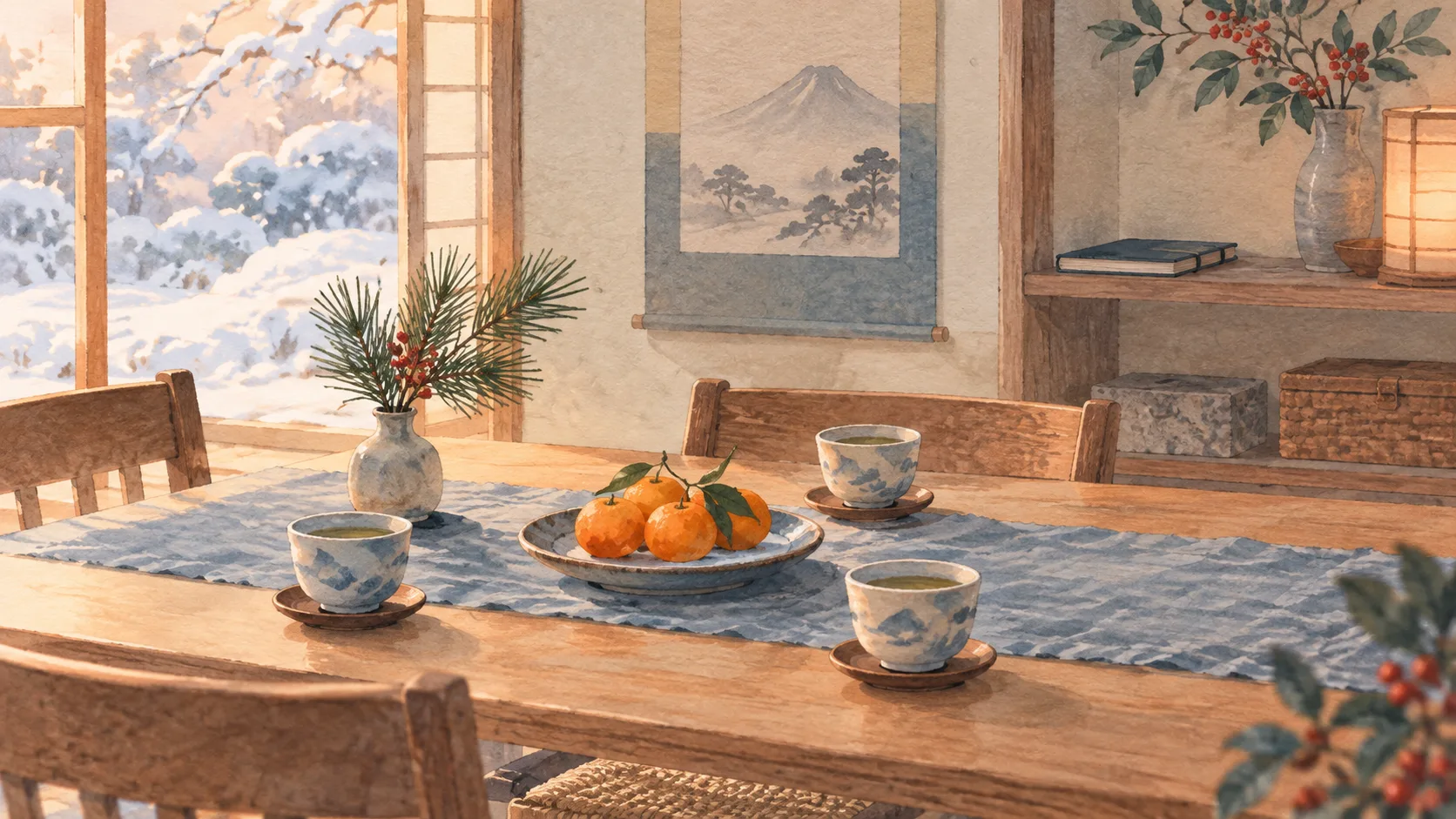 三つの湯呑みとみかん、松の枝が並ぶ正月の食卓