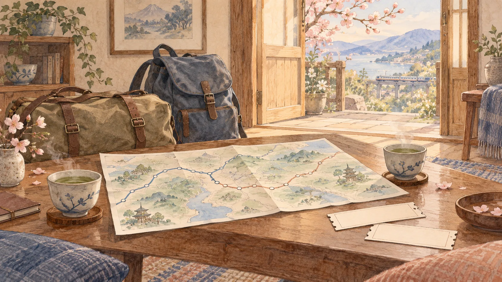 二つの旅行鞄と路線を描いた地図、二枚の切符、二杯のお茶