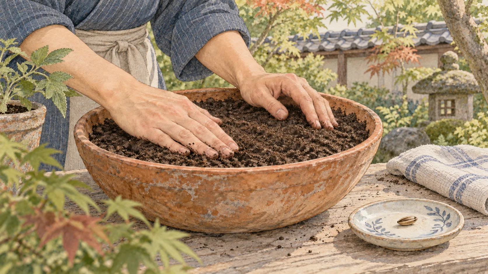 一粒の種を置いた小皿のそばで、植木鉢の土をならす両手