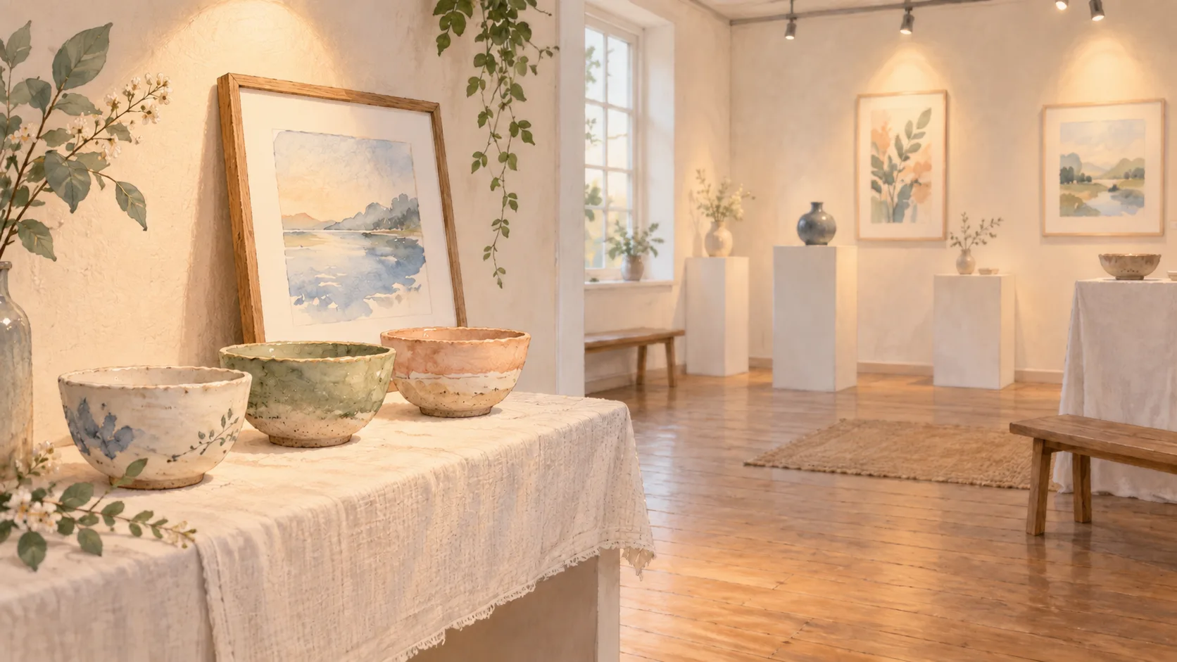 手作りの陶器と水彩画を並べた、小さな作品展示の空間