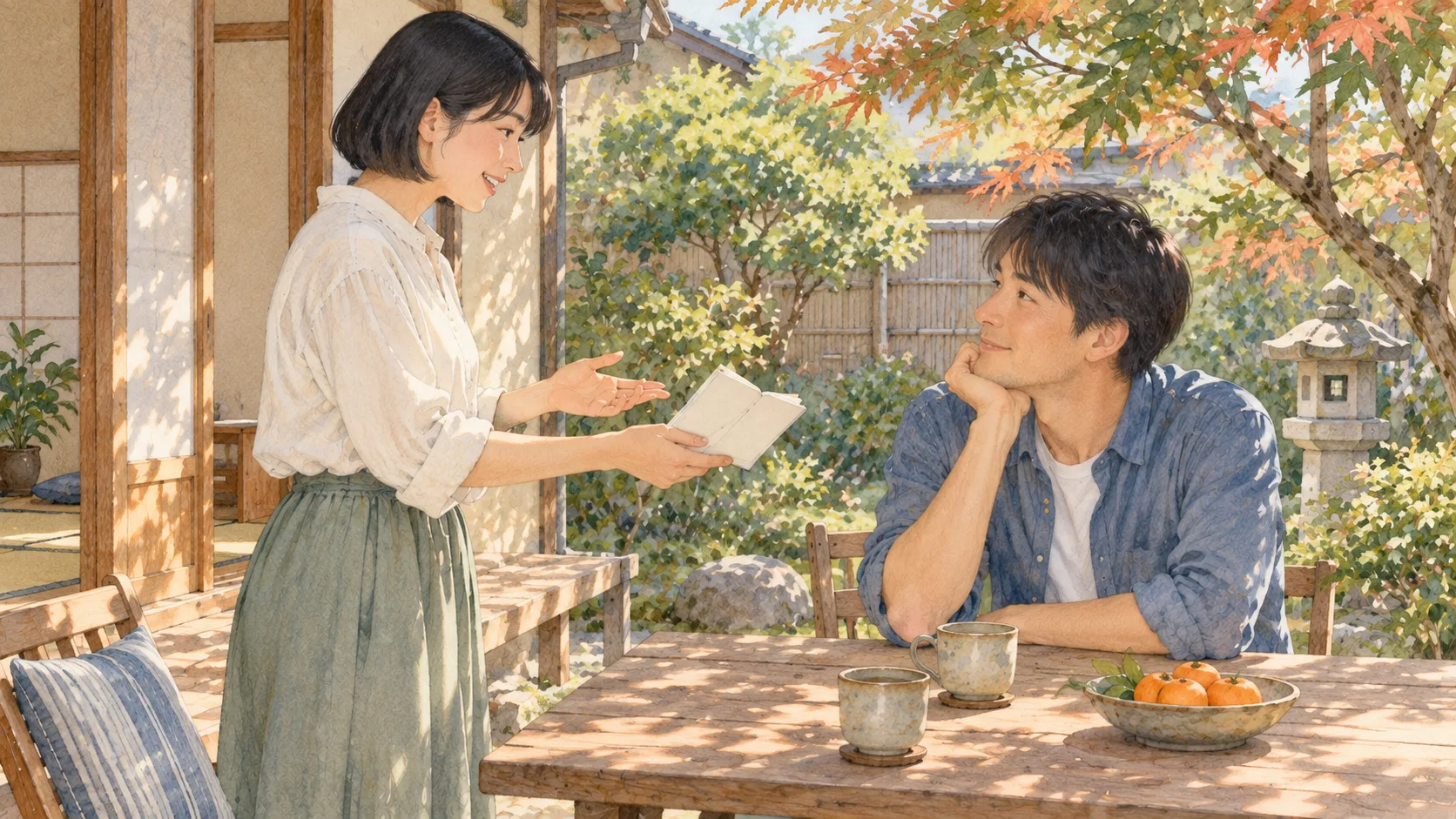 庭のテーブルで、小さな冊子を手に友人へ説明する人