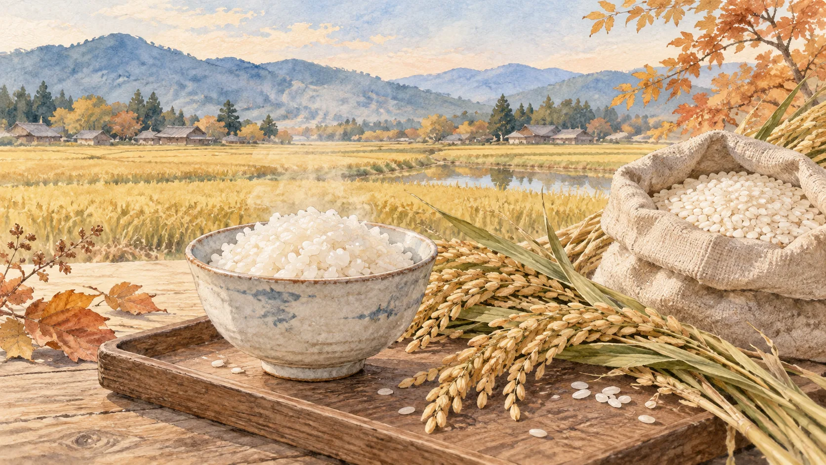 炊きたてのご飯と稲穂、米の袋、その向こうに広がる秋の田