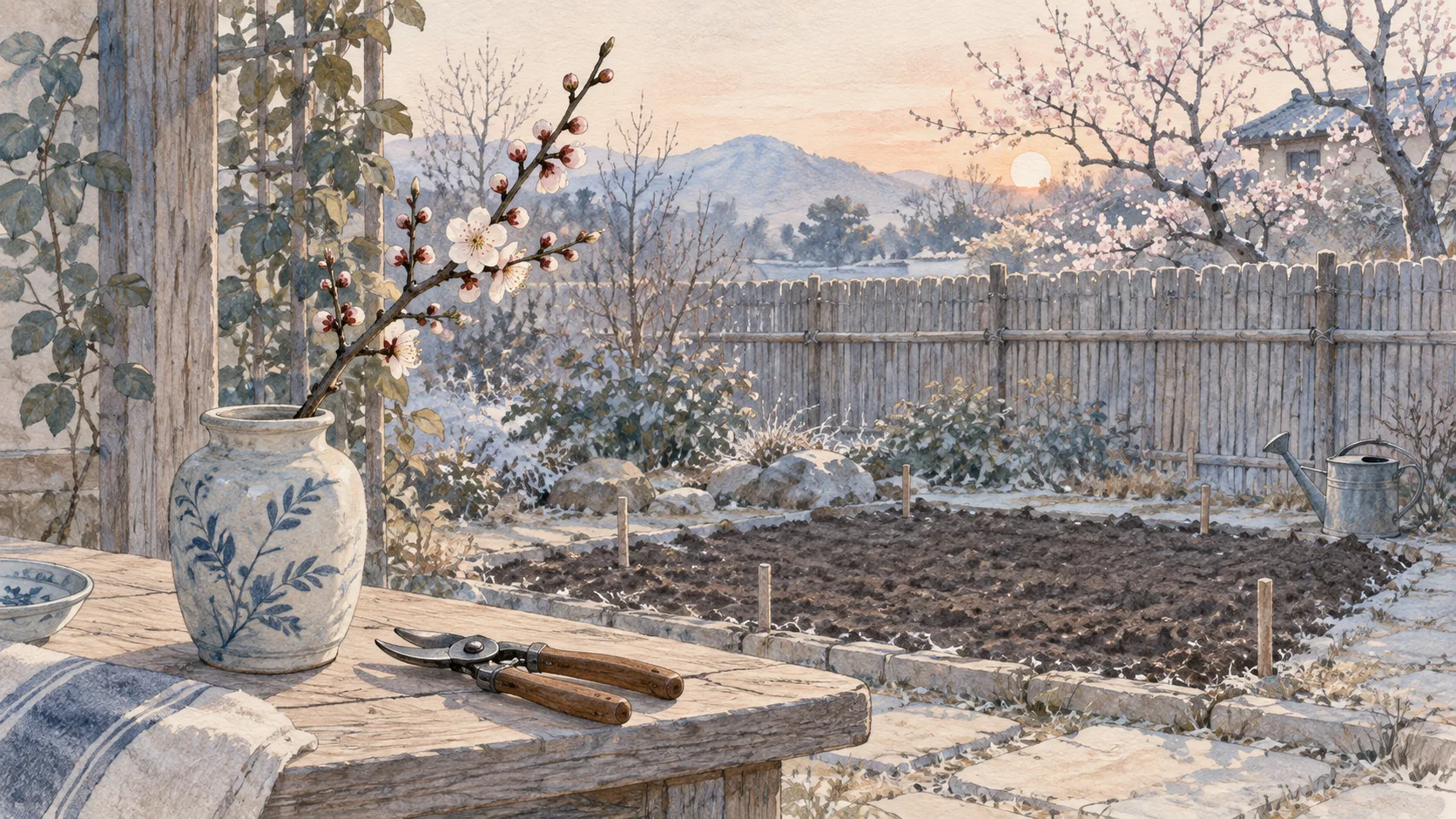 雪の残る庭を背景に、芽吹いた枝を生けた花瓶と剪定ばさみ