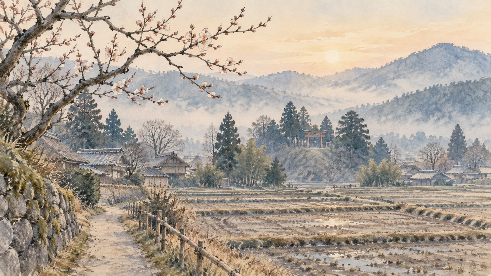 早春のまだ苗のない田と梅の枝、木々の間に見える遠い鳥居