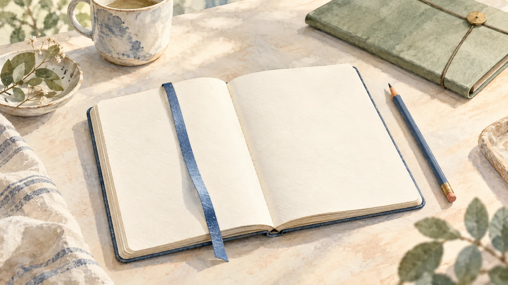 白いページに青いしおりを置いたノートと、閉じた書類入れ