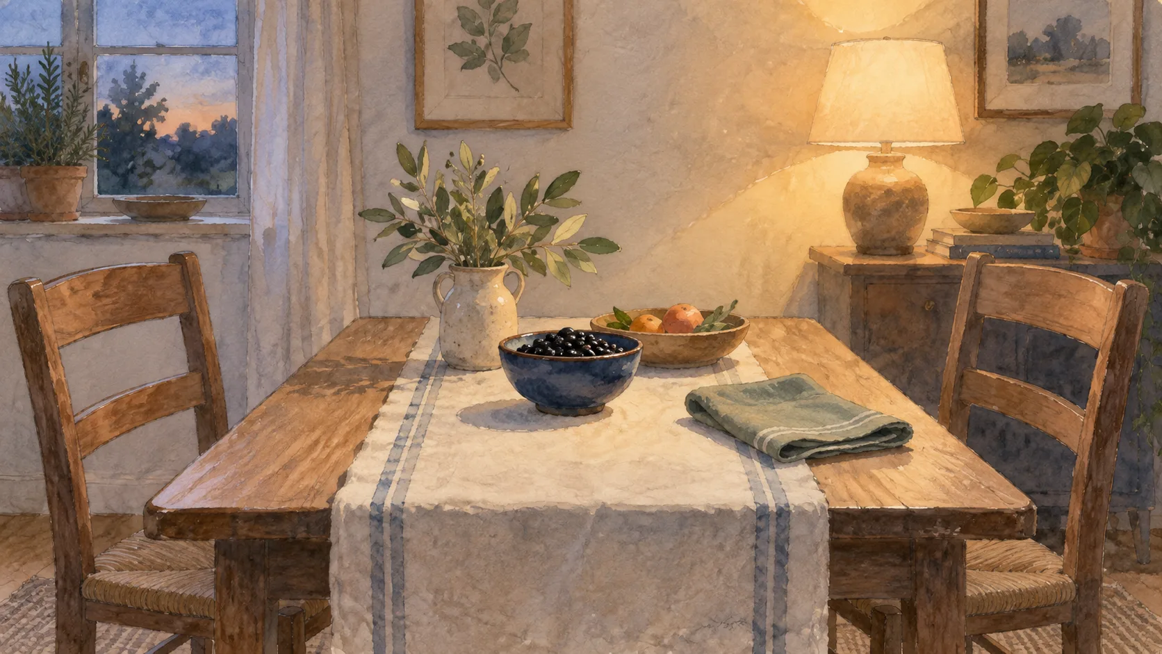 黒豆の入った青い鉢を置いた食卓と向かい合う二脚の椅子