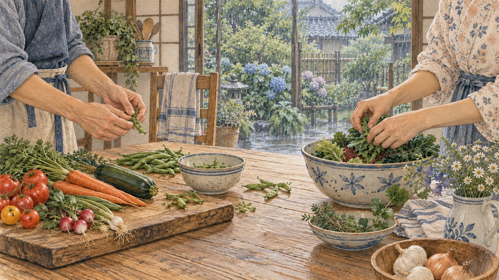 雨の庭を背景に、二人で野菜の下ごしらえをする手元