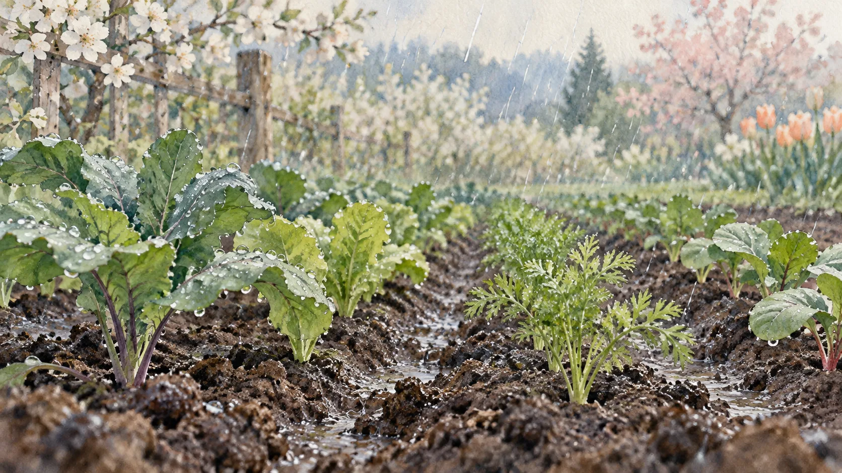 春雨を受けて葉に水滴をためる野菜の苗と湿った畑の土