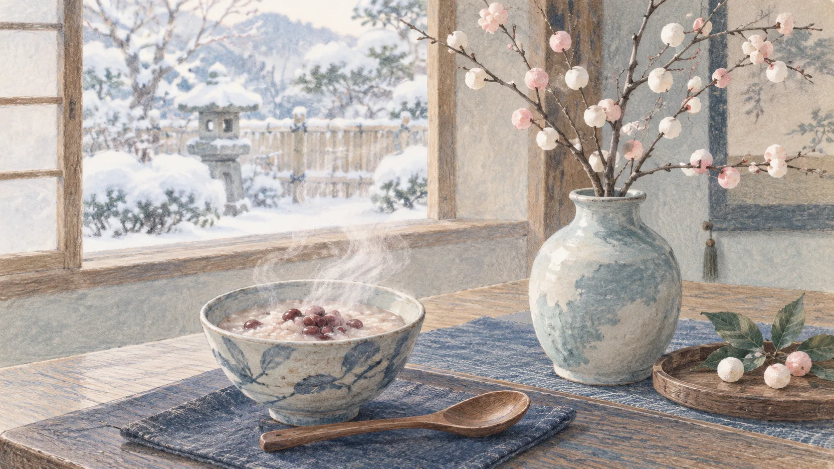 湯気の立つ小豆粥と、白と桃色の餅花を飾った冬の食卓
