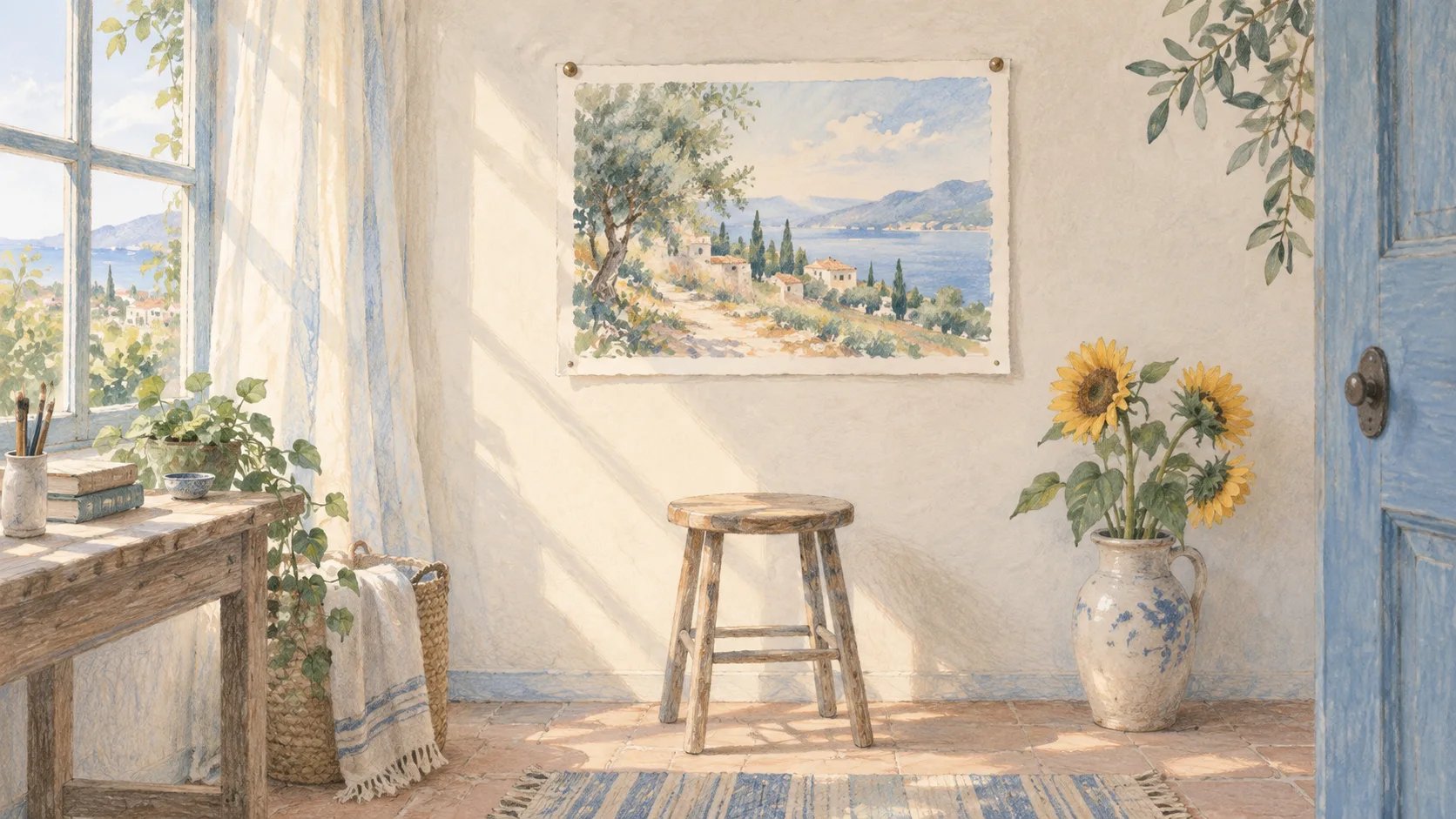 夏の明るい部屋に飾った一枚の風景画と、椅子とひまわり