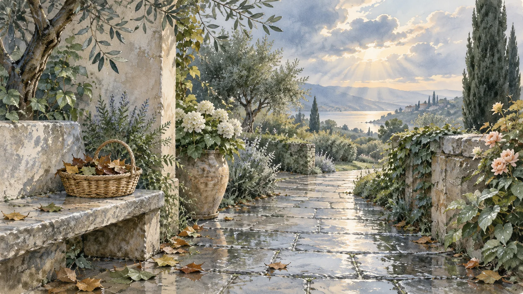 雨上がりの庭で落ち葉を集めたかごと、光の差す濡れた石の小道