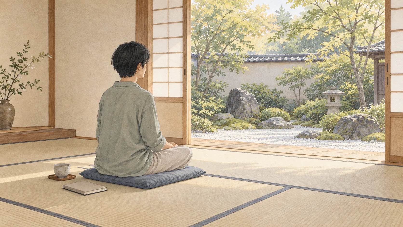 庭に向かって座り、静かな時間を過ごす人と閉じたノート