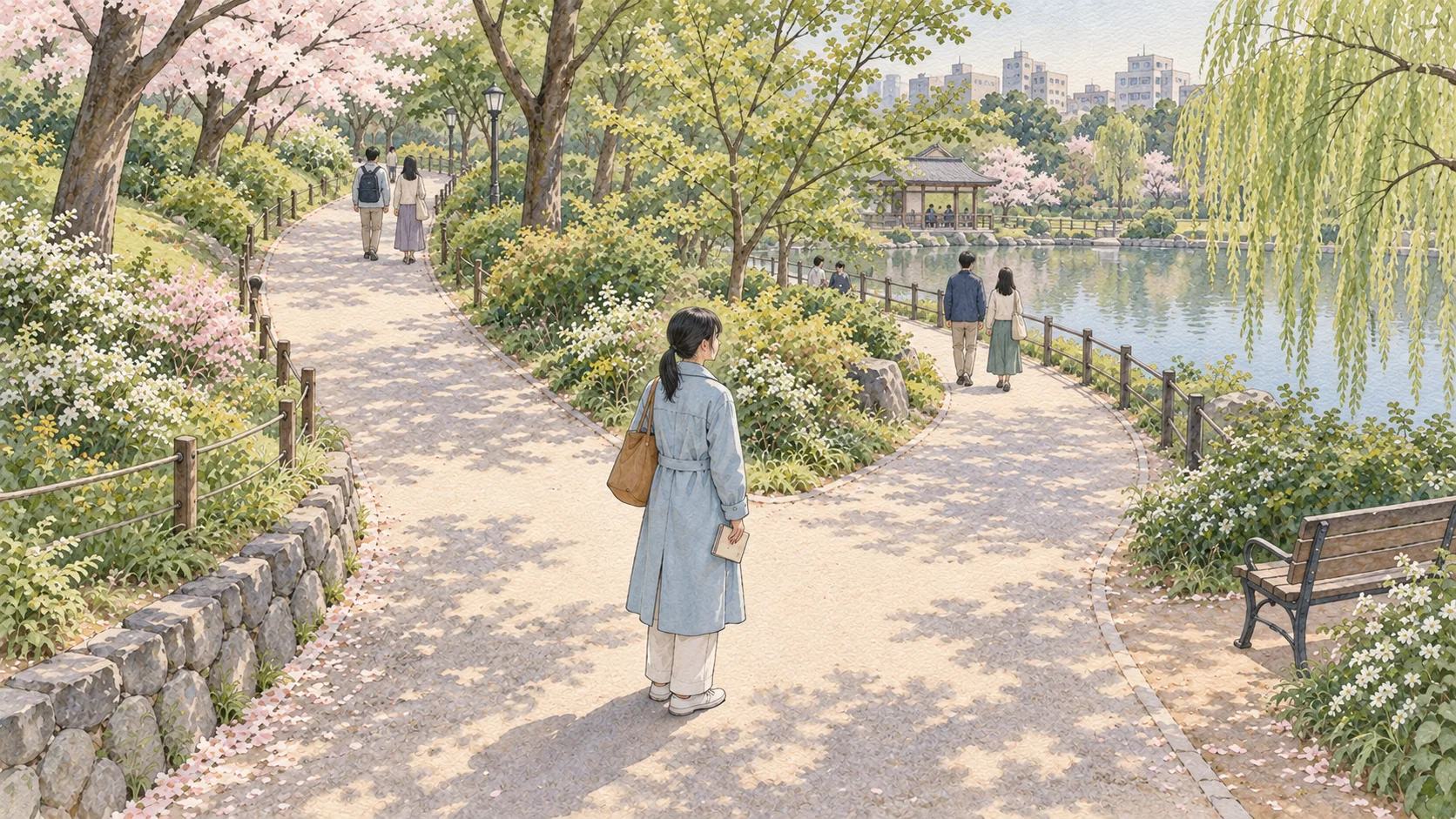 春の公園で分かれ道に立つ、本を手にした人