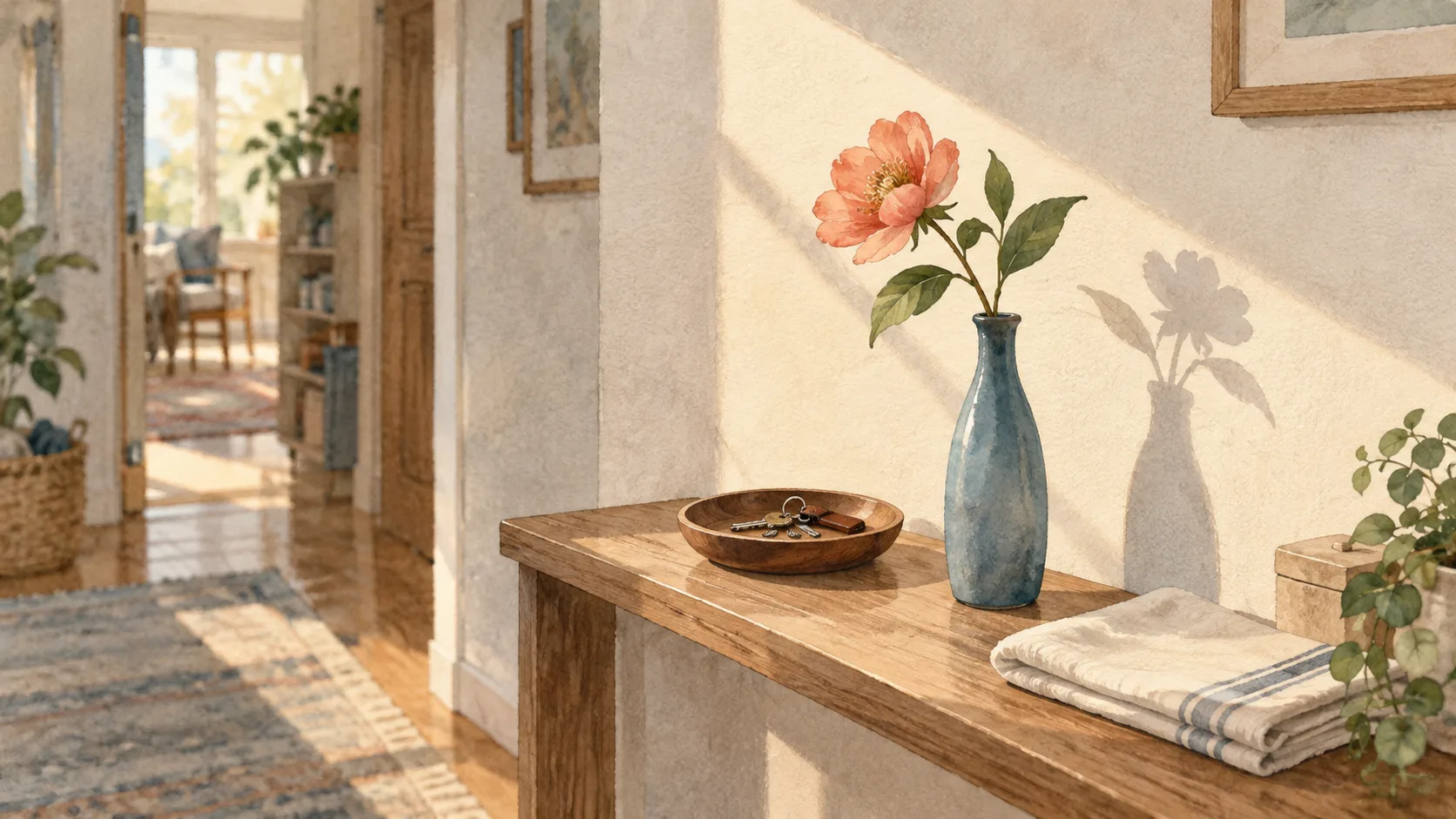 一輪の花と鍵の皿を置いた、すっきりした玄関の棚