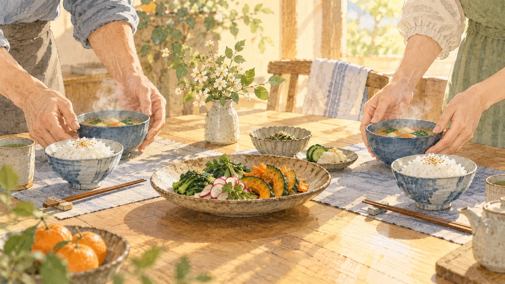 朝の光が差す食卓に温かいご飯と汁物を置く手元