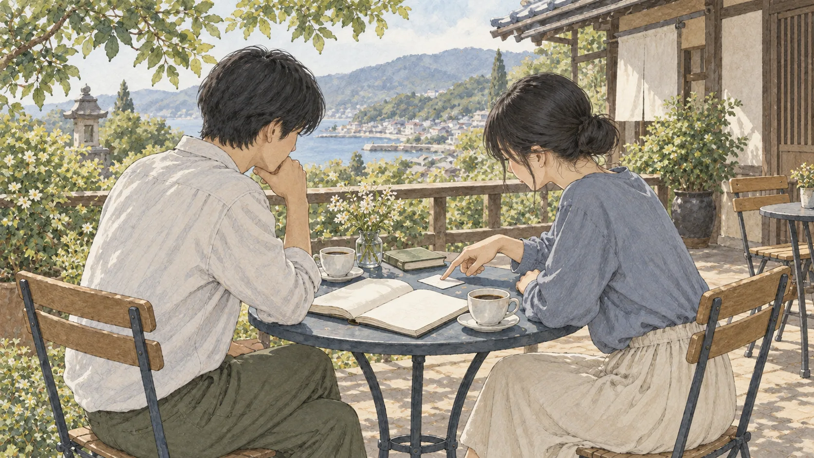 屋外のテーブルで一枚のカードを指しながら話す二人