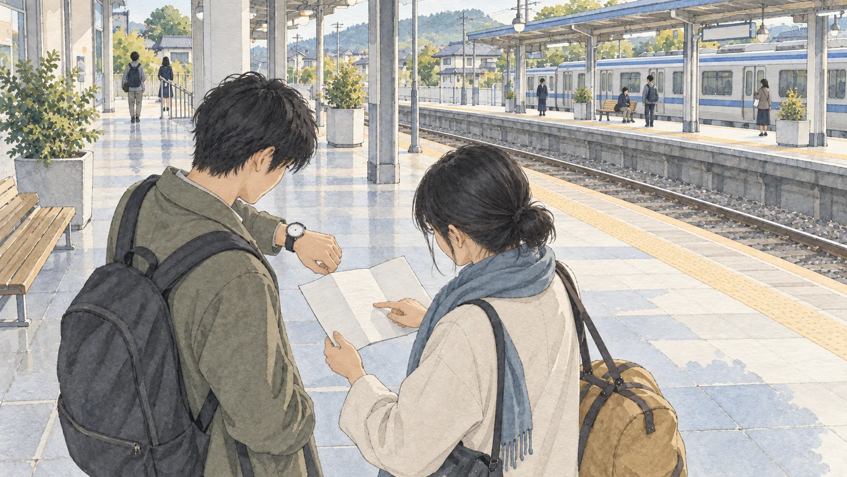 駅のホームで時計と旅程を確かめる二人の旅行者