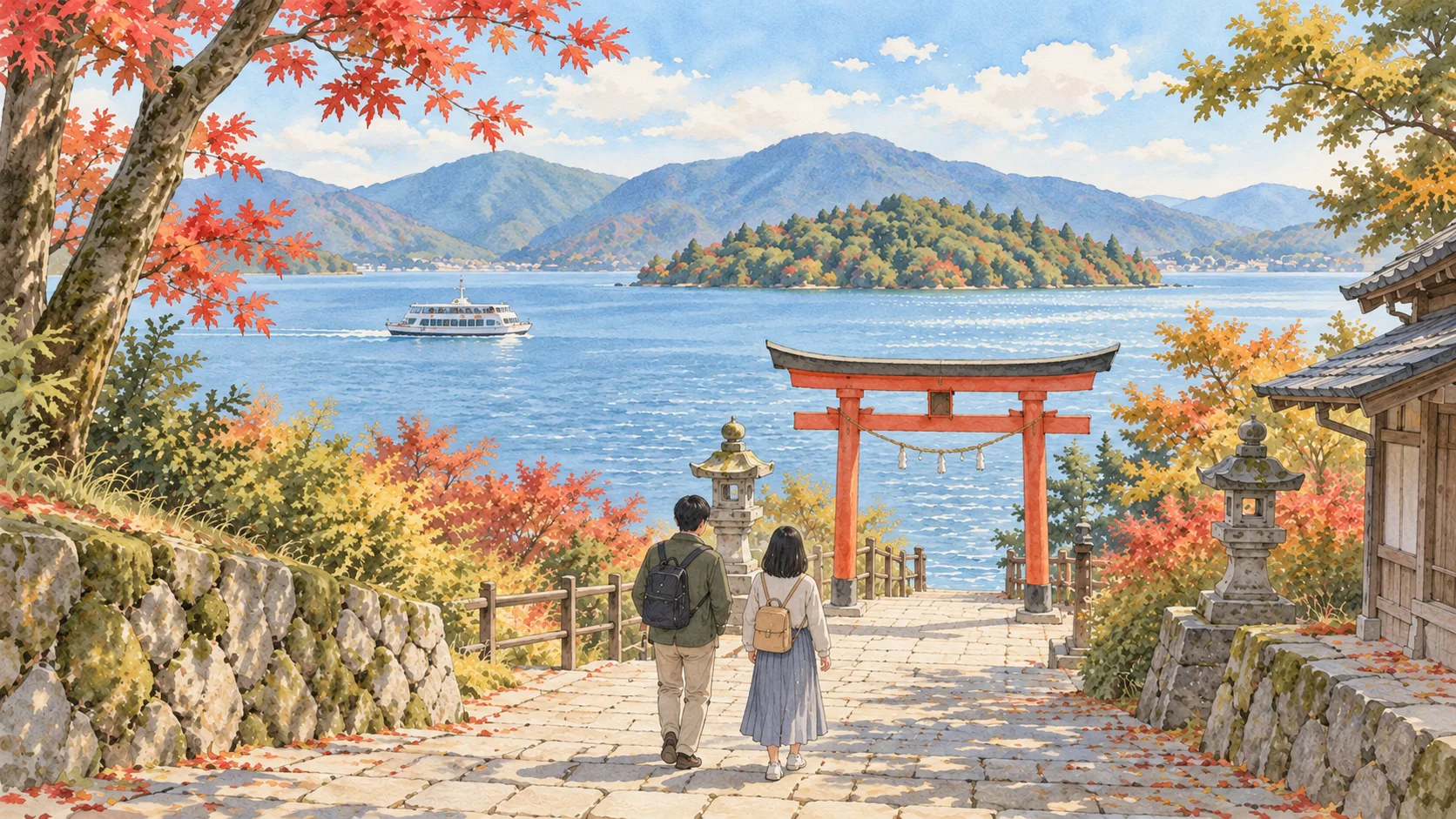 湖畔の鳥居へ向かって歩く二人と、水上を進む船