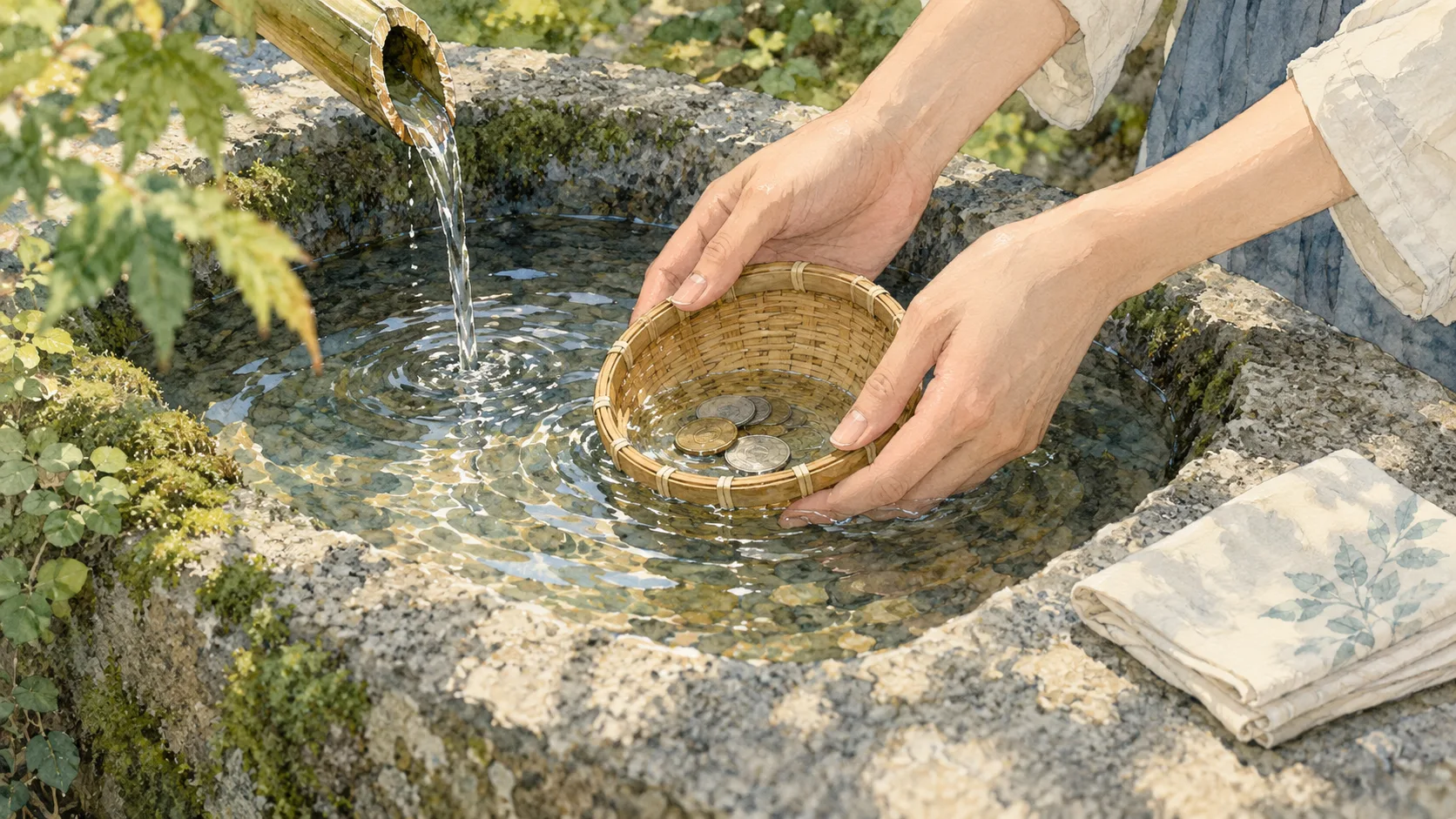湧き水の流れる石の水場で、竹ざるの小銭を清める手元