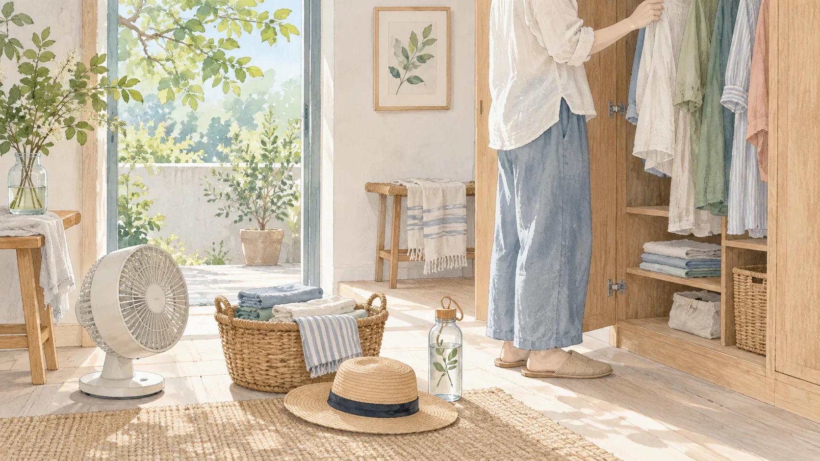 薄手の服、扇風機、帽子と水筒をそろえる初夏の支度