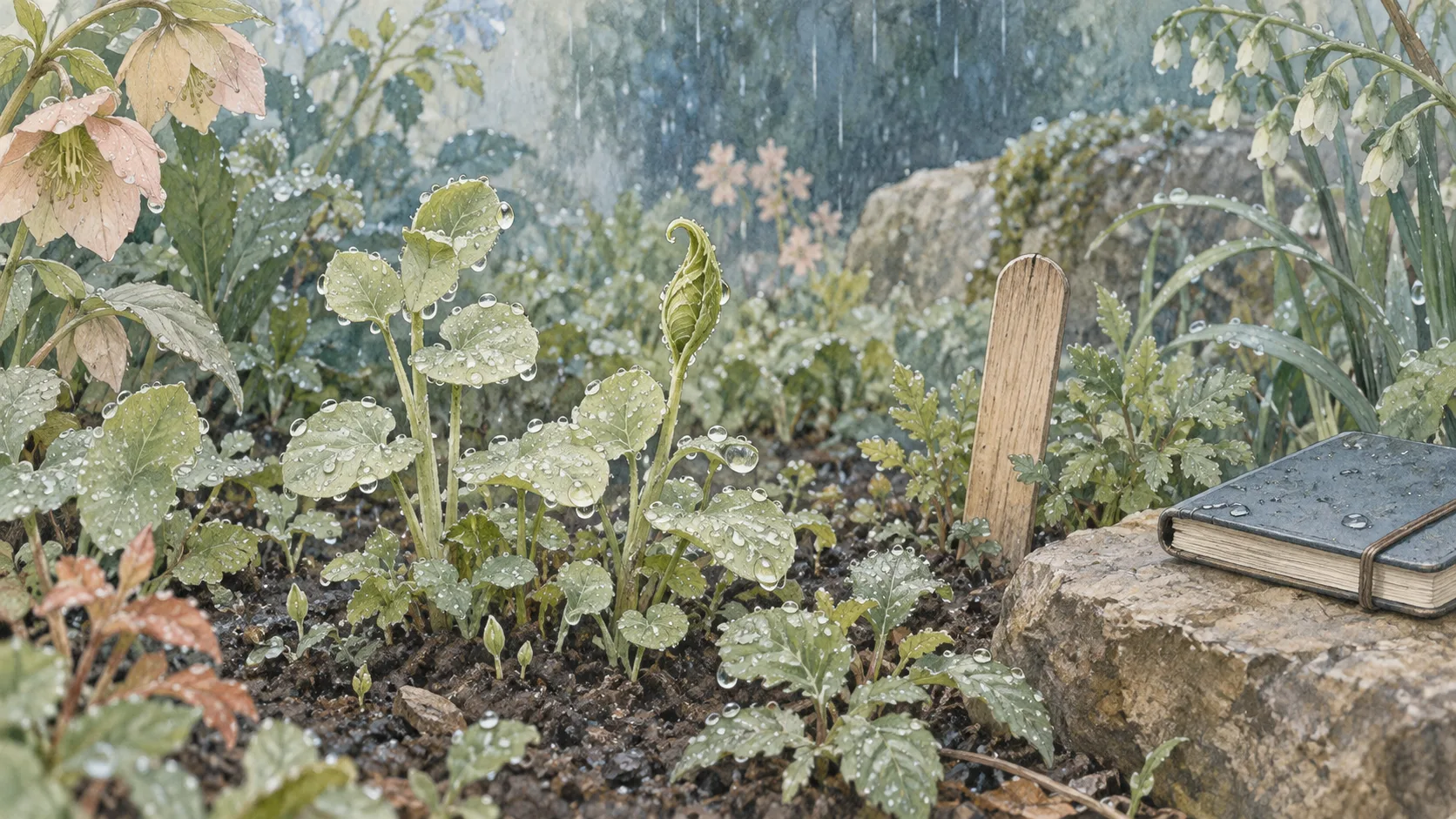 霧雨の中で葉を広げる小さな草木と観察用のノート