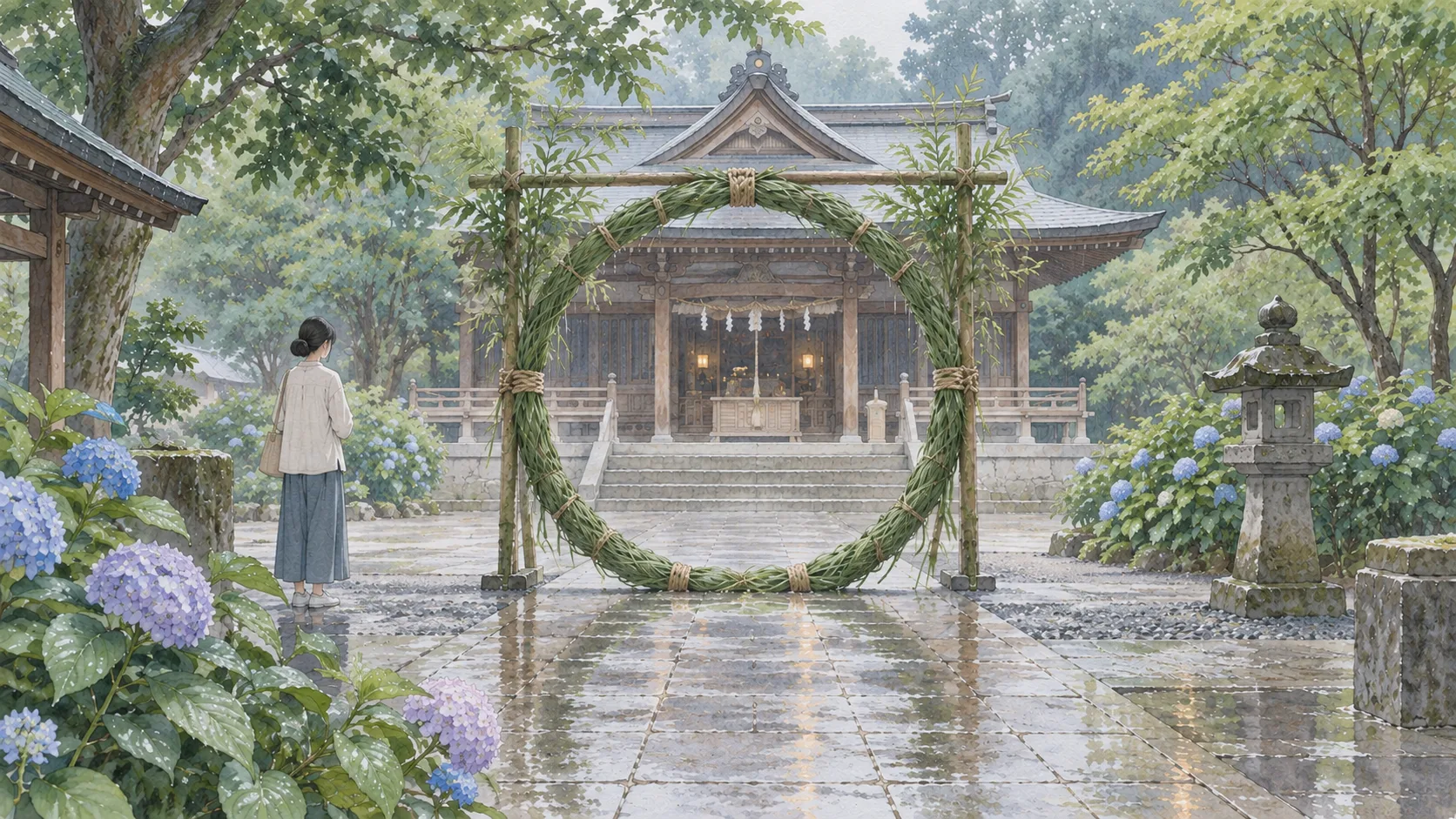 紫陽花の咲く神社の参道に立つ、青々とした大きな茅の輪