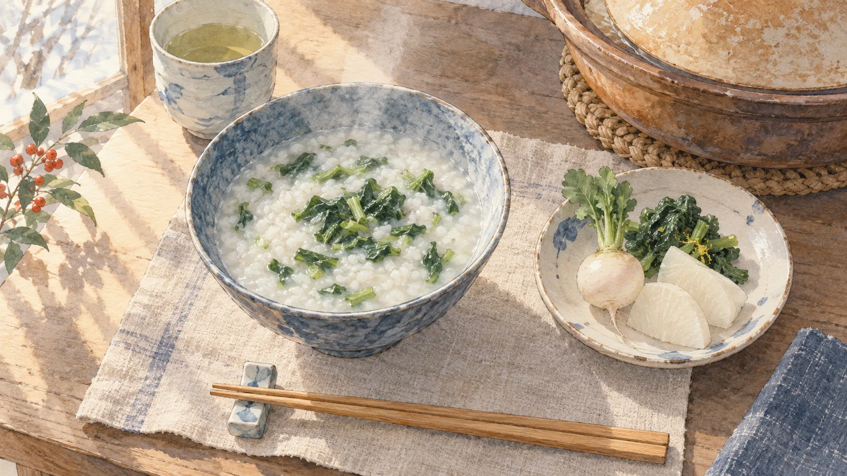 青い器に盛った七草粥と、かぶ・大根・青菜の食卓