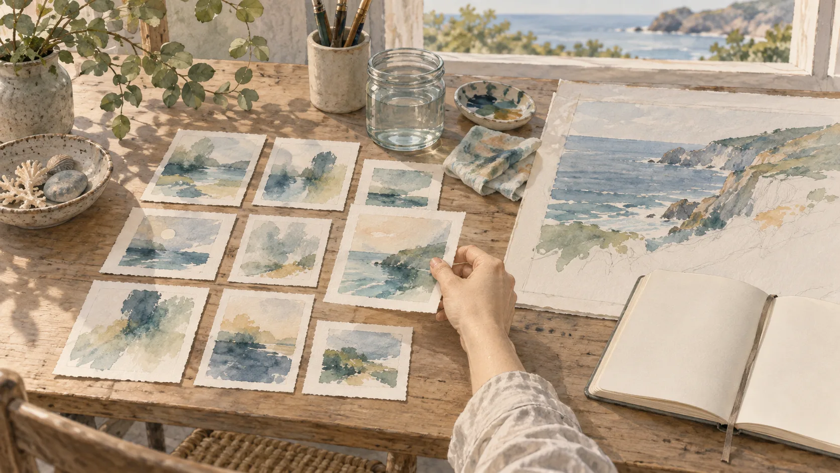 小さな水彩の試作を並べ、一枚を選ぶ創作の机