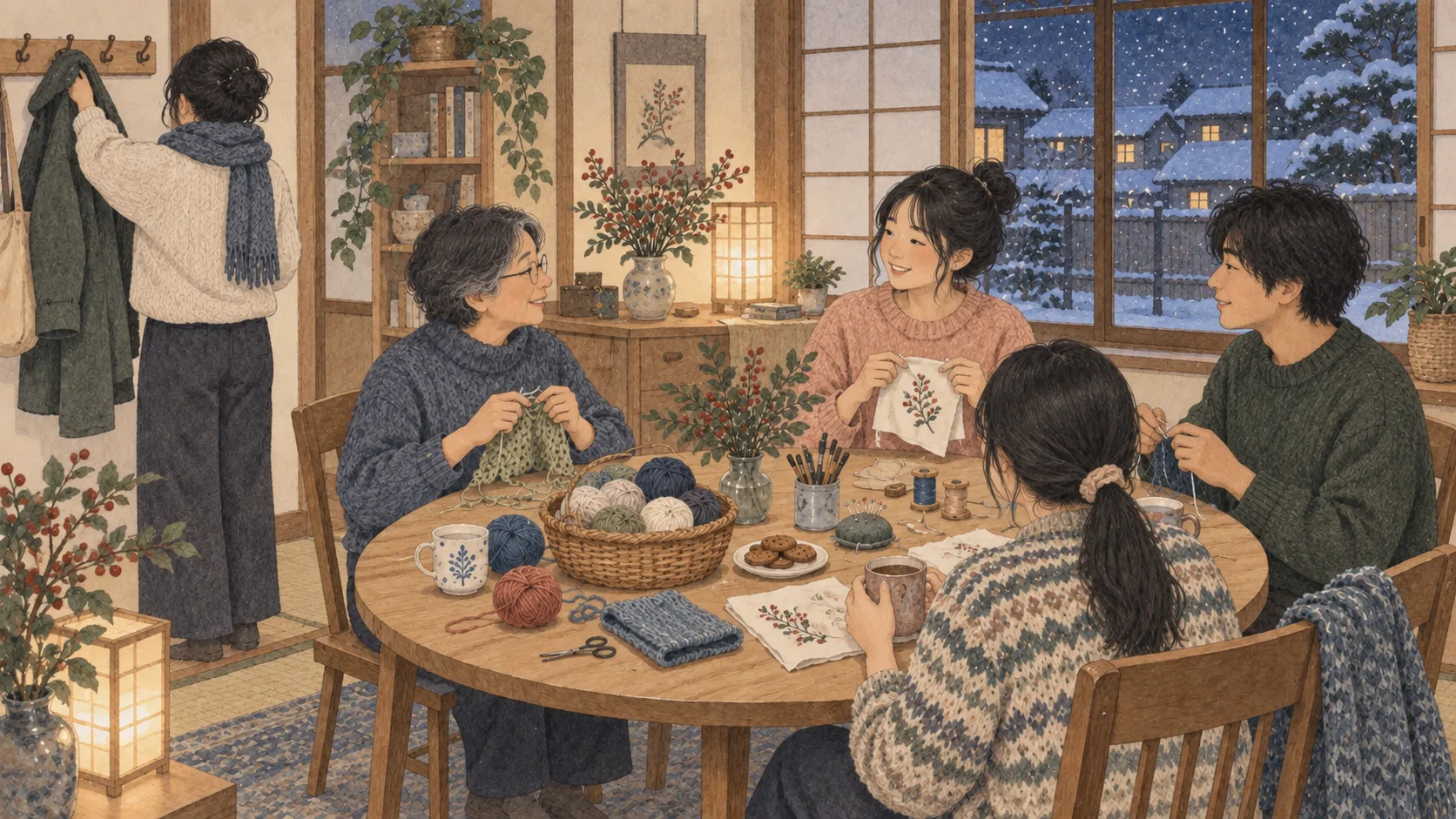 冬の夜、丸い机を囲んで手仕事を楽しむ人たち