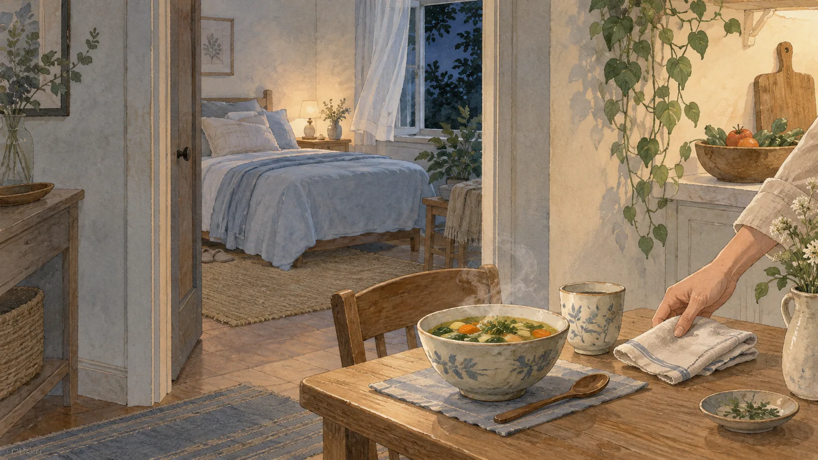 夏の夜、温かいスープの食卓と整えられた寝床