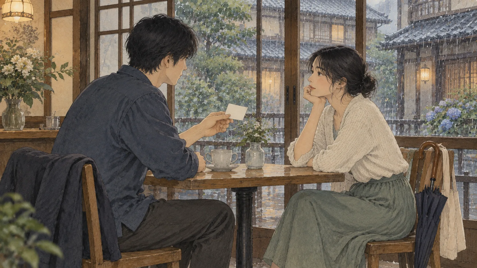 雨の喫茶店で、一枚のメモを渡しながら話す二人