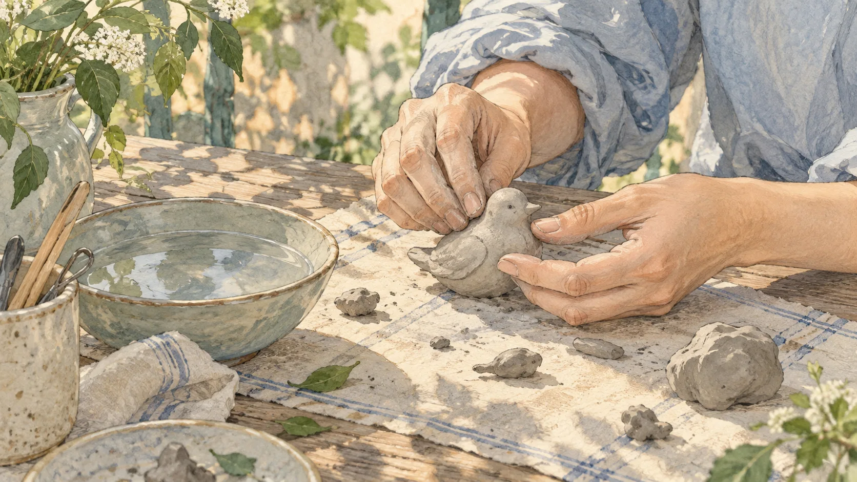 夏の光が差す作業台で、粘土の小鳥を作る手元
