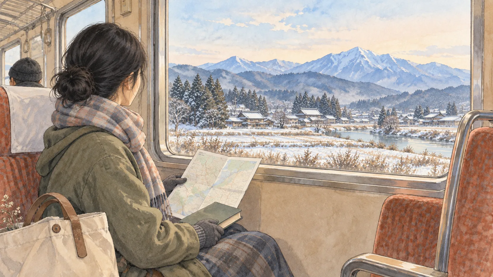 地図と本を膝に置き、列車の窓から冬の山並みを眺める人