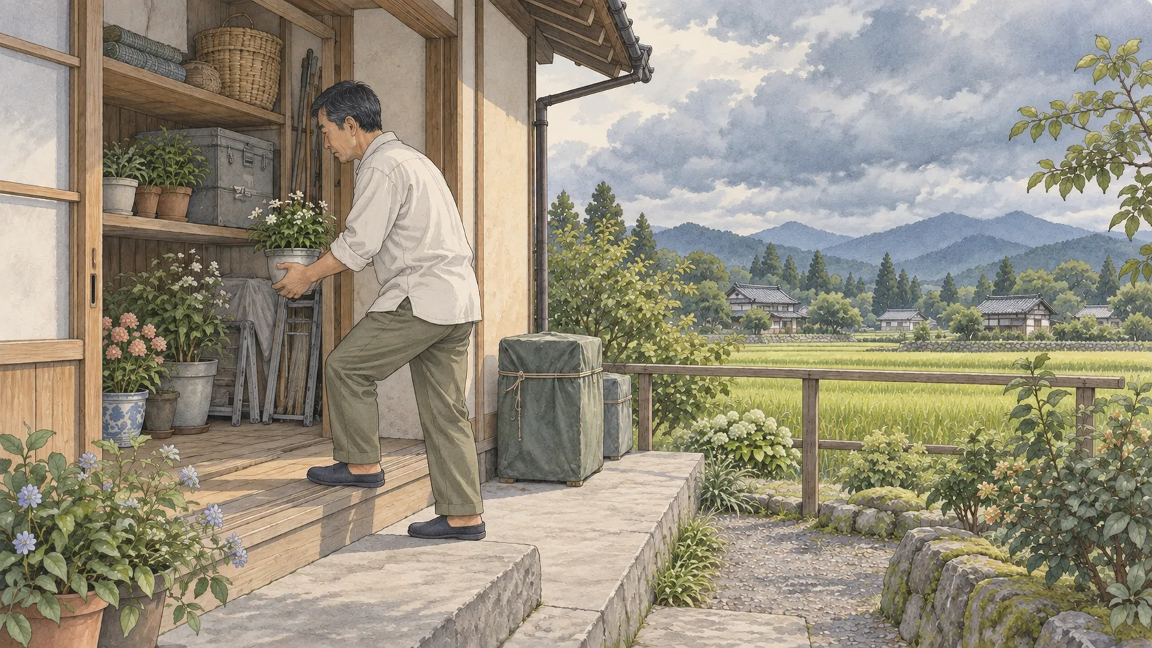 田んぼを望む家で、穏やかなうちに植木鉢を収納する人