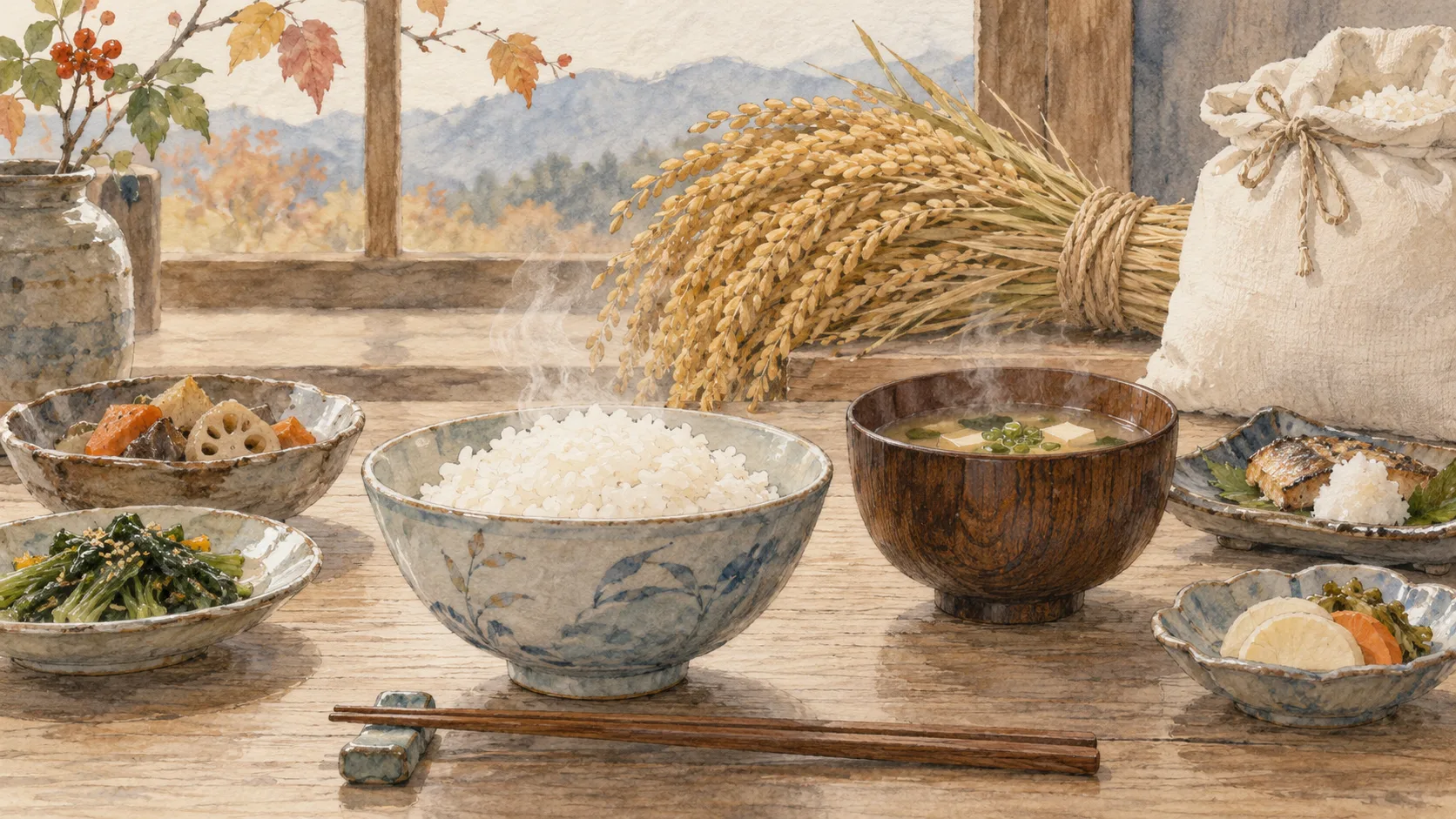 新米のごはんと味噌汁、秋の小鉢の奥に稲穂を置いた食卓