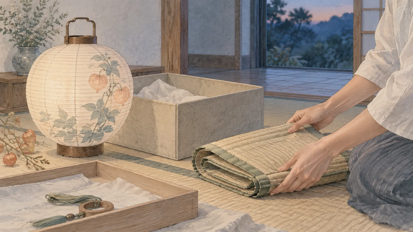 盆提灯と収納箱のそばで、ござを丁寧に畳む手元