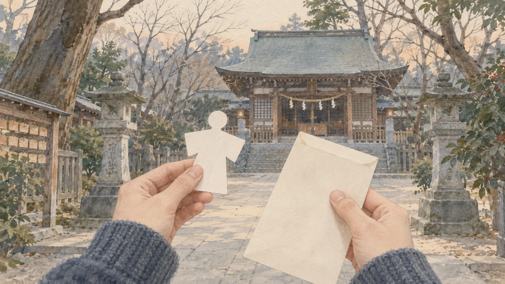 冬の神社を前に、白い形代と封筒を持つ手元