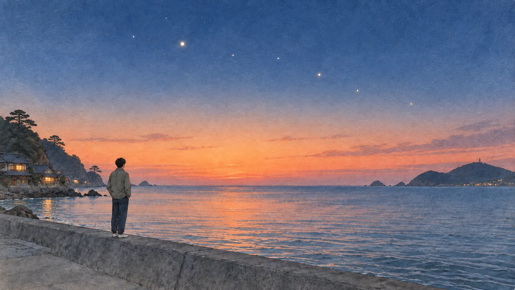 海辺の夕空に点々と光る星を見上げる人