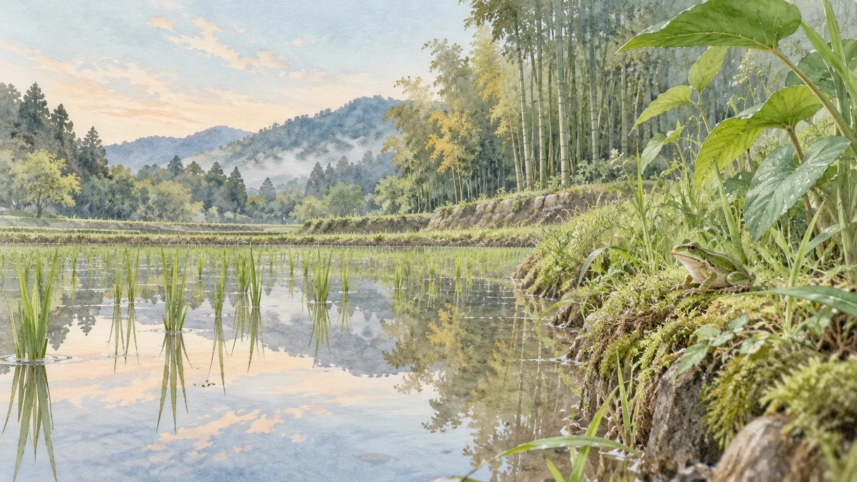 水を張った田んぼの畦にいる蛙と、初夏の竹林