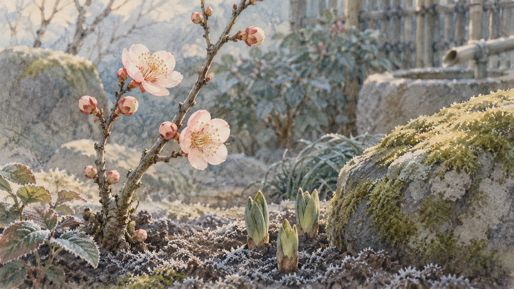 霜の残る庭に開いた梅の花と、地面からのぞく芽