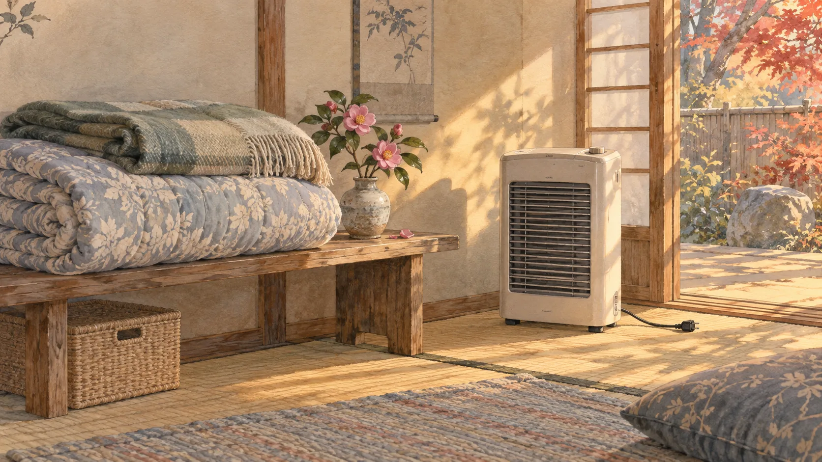 山茶花を飾った部屋に用意した、冬の布団と暖房器具